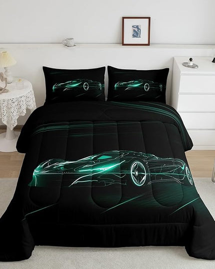 Feelyou Teal Race Car Bedding Set Queen Size for Kids Boys Extreme Sport Games Comforter Set Teens Toddler Fast and Furious Duvet Set Cool Modern Quilt Set 3Pcs - LeafyLoom