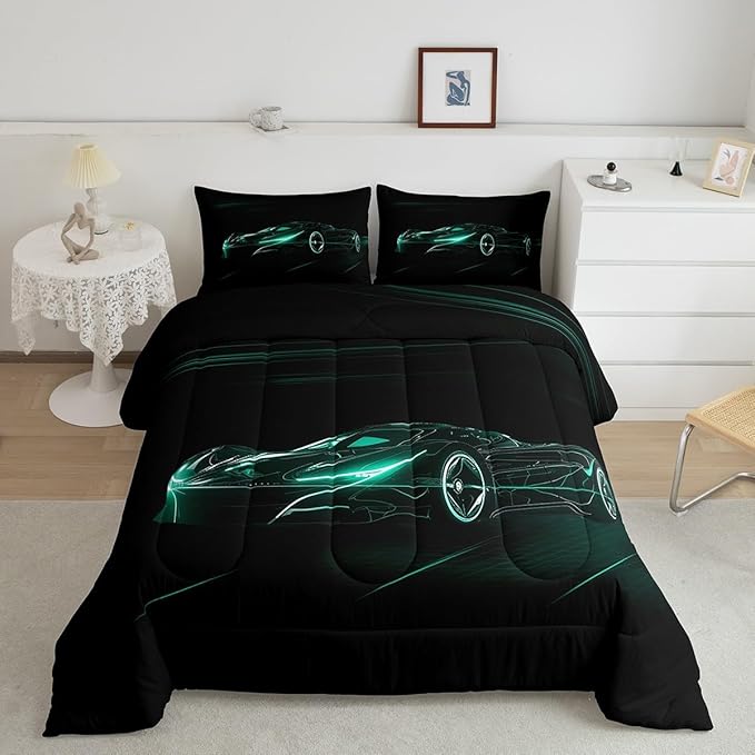 Feelyou Teal Race Car Bedding Set King Size for Kids Boys Extreme Sport Games Comforter Set Teens Toddler Fast and Furious Duvet Set Cool Modern Quilt Set 3Pcs - LeafyLoom