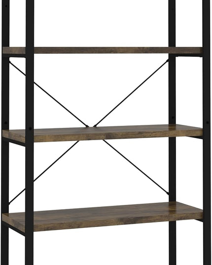 Panana 5 Tier Industrial Rustic Wooden Bookshelves, Vintage Open Wood and Metal Farmhouse Bookshelf Heavy Duty Storage Shelving Unit Rack (Brown) - LeafyLoom