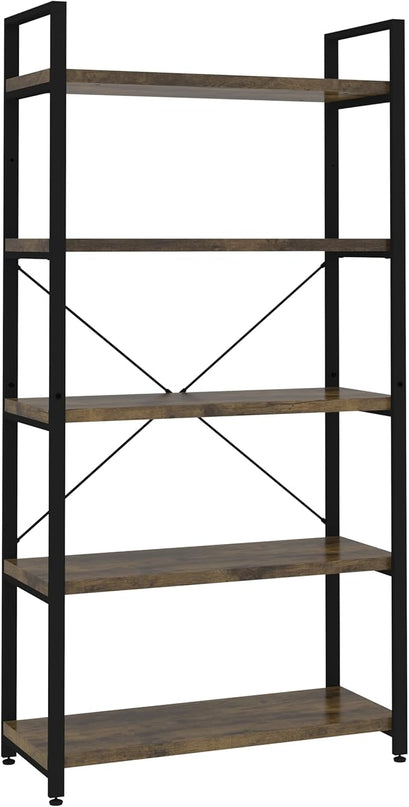 Panana 5 Tier Industrial Rustic Wooden Bookshelves, Vintage Open Wood and Metal Farmhouse Bookshelf Heavy Duty Storage Shelving Unit Rack (Brown) - LeafyLoom
