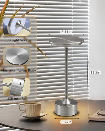 Cordless Metal Desk Lamp, Touch Sensor Control LED Table Lamp,3 Color Stepless Dimmable Battery Powered Lamp,Night Light for Kids Nursery,Bedroom/Desk/Cafe (Silver) - LeafyLoom