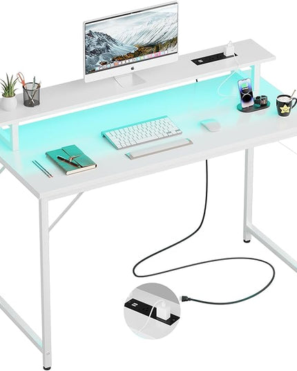47 inch Computer Desk with Power Outlets, Gaming Desk with LED Lights, Home Office Work Desk with Monitor Shelf, Modern Office Desk Study Writing Table for Small Spaces, White - LeafyLoom