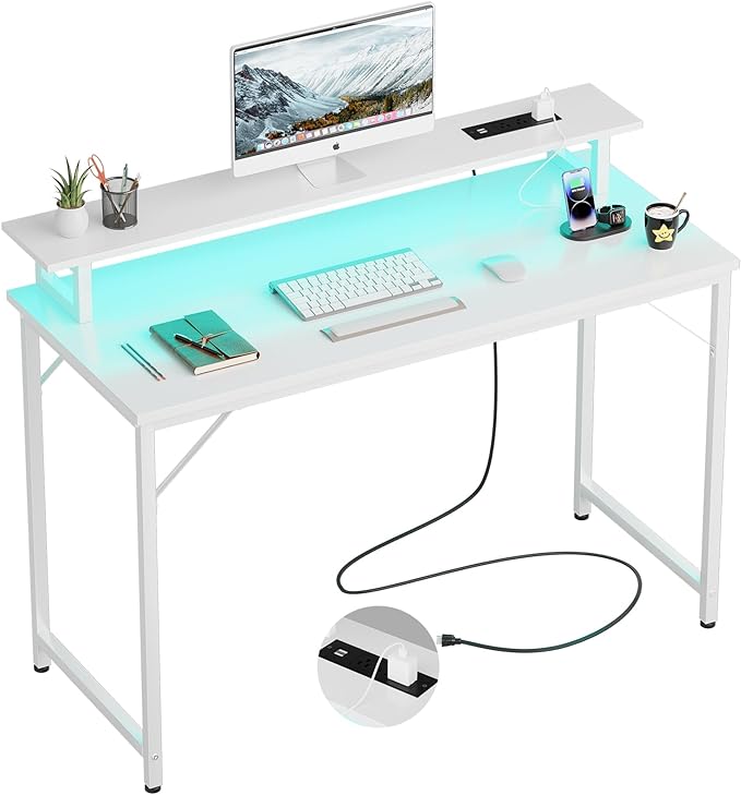 47 inch Computer Desk with Power Outlets, Gaming Desk with LED Lights, Home Office Work Desk with Monitor Shelf, Modern Office Desk Study Writing Table for Small Spaces, White - LeafyLoom