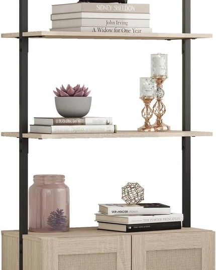 Panana Modern 3 Tier Bookcase with Rattan Cabinet in Light Oak Finish with Matte Black Metal Frame for Living Room, Home Office Storage (Light Oak, 3-Tier) - LeafyLoom