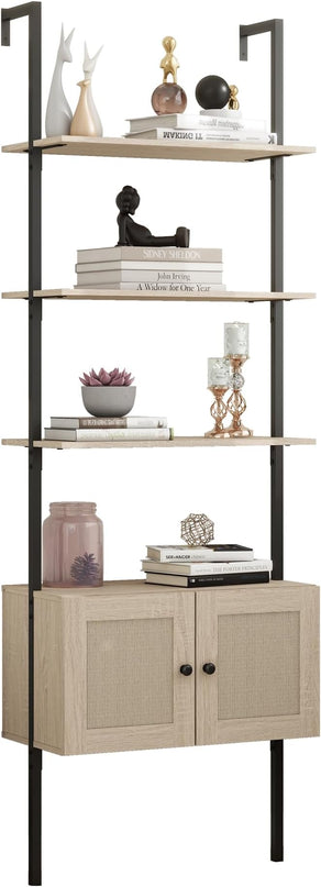 Panana Modern 3 Tier Bookcase with Rattan Cabinet in Light Oak Finish with Matte Black Metal Frame for Living Room, Home Office Storage (Light Oak, 3-Tier) - LeafyLoom