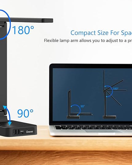 Drevet LED Desk lamp with USB C Charging Port, Table Light with 3 USB Charger and 2 AC Power Outlet, 3 Color Model, 3 Level Brightness, Touch Control, Memory Function, Eye-Caring Office Foldable Lamp - LeafyLoom