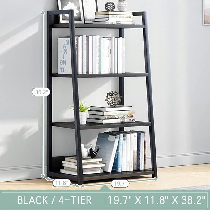 IOTXY 4 Tier Open Bookshelf - Steel and Wood Display Stand, 50CM Width Floor-Standing Bookcase, Black - LeafyLoom