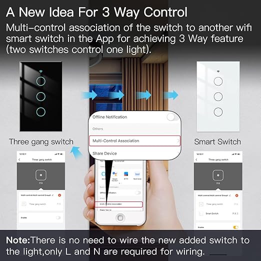 MOES 2.4GHz WiFi Wall Touch Smart Switch Neutral Wire Required, 3 Way Multi-Control, Glass Panel Light Switch Work with Smart Life/Tuya App, RF433 Remote Control, Alexa and Google Home Black 3 Gang MOES