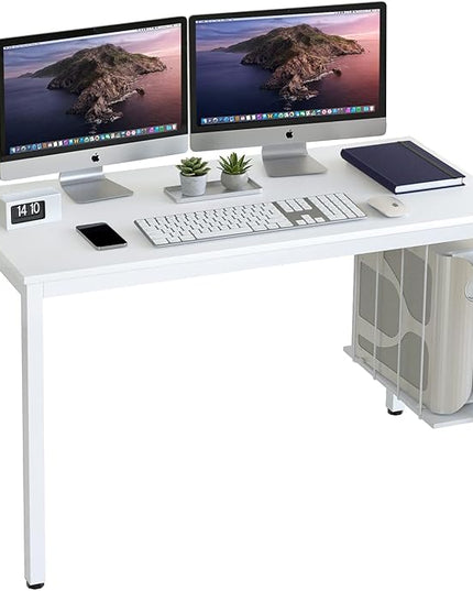 White Computer Desk 47" Writing Desk Study Table with CPU Storage Shelf for Home Office, Workstation, Office, Gaming Room- Sturdy Stable White Metal Frame - LeafyLoom