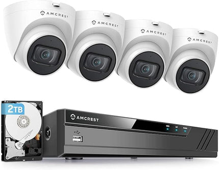 Amcrest 5MP POE Security Camera System Outdoor, 8CH POE NVR, 4pcs 5MP Turret POE Cameras, IP67 Metal Turret POE IP Cameras, Built in Mic, Pre-Installed 2TB Hard Drive, NV4108E-IP5M-T1179EW4-2TB Amcrest
