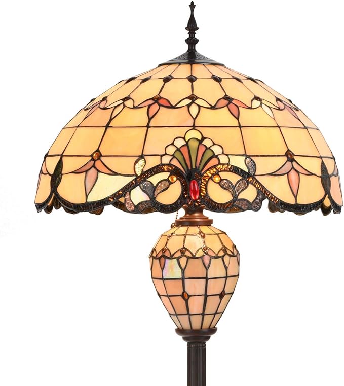 Bieye L10803 Baroque Tiffany Style Stained Glass Double Lit Floor Lamp for Home Decor 64-inch Tall (20-inch Wide, Cream) - LeafyLoom