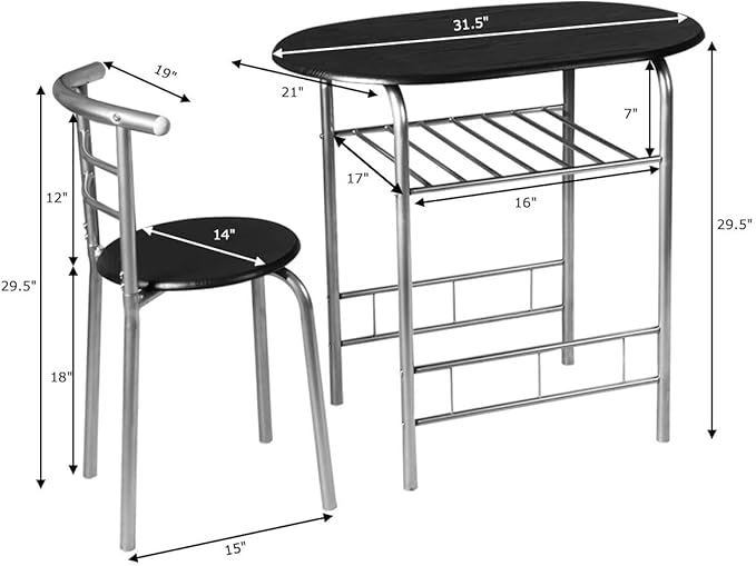 FANTASK 3 Pieces Dining Set, Breakfast Table Set w/Metal Frame and Storage Shelf, Compact Table and 2 Chairs Set for Home Bistro Pub Apartment Kitchen Dining Room Cafe - LeafyLoom