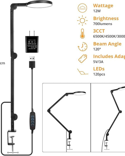 Desk Lamp with Clamp, Long Clip on Lights for Home Office, 3 Modes x 10 Brightness, Swing Arm Desk Clamp Task Table Lamps with Adapter, Black - LeafyLoom