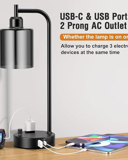 Industrial Desk Lamps for Office Set of 2 - Fully Dimmable Bedside Lamps with USB A C Ports and Outlet, Black Nightstand Lamps with Grey Glass Shade for Living Room, Table Lamps for Bedrooms Reading - LeafyLoom