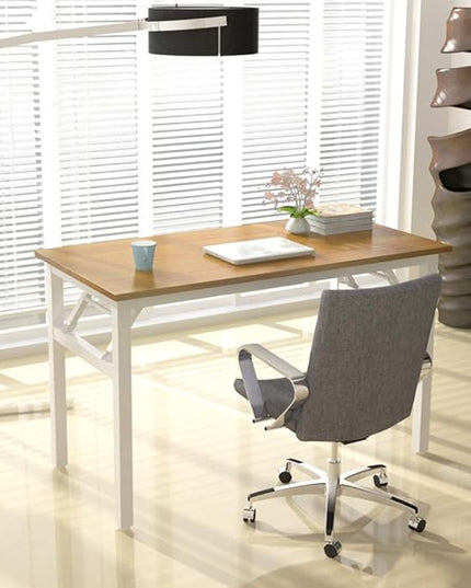 SDHYL 47 inchesNo Assembly Foldable Computer Desk for Home Office Workstation, Study and Writing, Teak Board and White Leg - LeafyLoom