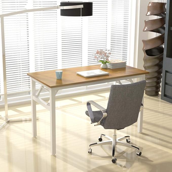 SDHYL 47 inchesNo Assembly Foldable Computer Desk for Home Office Workstation, Study and Writing, Teak Board and White Leg - LeafyLoom
