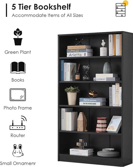 Farini Black Bookshelf for Bedroom 5 Shelf Office Bookcase 60 Inches Tall Modern Wood Bookshelf for Living Room 5 Tier Wide Manga Bookshelf Library Bookcase - LeafyLoom