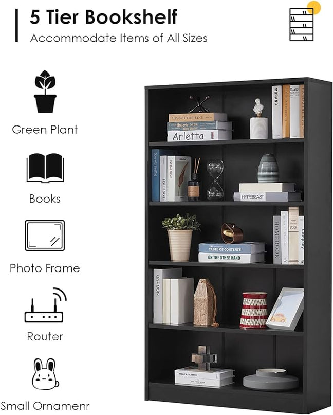 Farini Black Bookshelf for Bedroom 5 Shelf Office Bookcase 60 Inches Tall Modern Wood Bookshelf for Living Room 5 Tier Wide Manga Bookshelf Library Bookcase - LeafyLoom