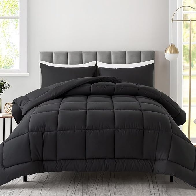 WhatsBedding Twin Comforter Set, Black Lightweight Bedding Set for All Season Soft Down Alternative Bed Set with 1 Pillowcase, Twin Size, 64"x88" - LeafyLoom