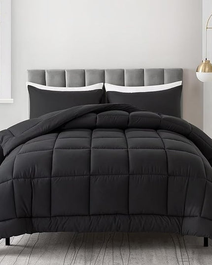 WhatsBedding King Comforter Set, Black Lightweight 3 Pieces Bedding Set for All Season Soft Down Alternative Bed Set with 2 Pillowcases, King Size, 102"x90" - LeafyLoom
