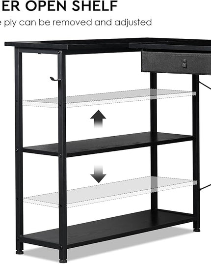 Ｍａｉｈａｉｌ Home Office Desk with Drawers and Shelves, 55” Computer Corner Desk for Small Space, Small L Shaped Desk with Side Storage for Bedroom, Black - LeafyLoom