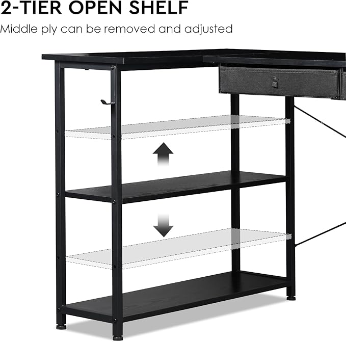 Ｍａｉｈａｉｌ Home Office Desk with Drawers and Shelves, 55” Computer Corner Desk for Small Space, Small L Shaped Desk with Side Storage for Bedroom, Black - LeafyLoom