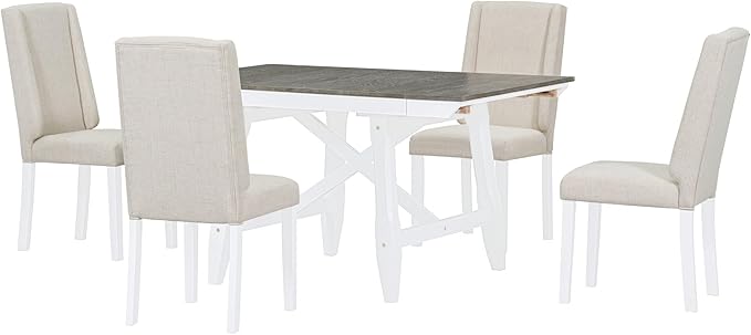 Farmhouse 6-Piece Dining Set, Included Solid Wood Rectangular Extendable Table with Two 12" W Removable Leaves and 4 Upholstered Chairs & a Bench, Home Kitchen Furniture, Brown+White-1 - LeafyLoom
