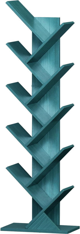 10 Tier Tree Book Shelf, Floor Standing Wood Bookshelf for Narrow Space, Storage Organizer Bookshelves for Books/CDs/Magazine, Bookcase with Shelves for Home Office, Living Room - Blue - LeafyLoom