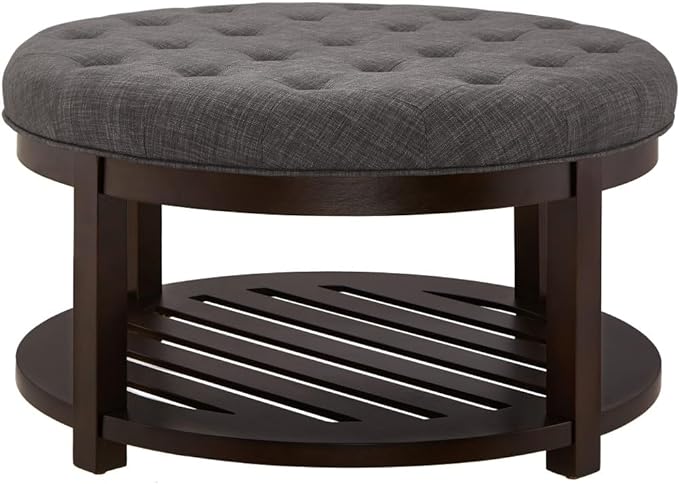 24KF Large Round Upholstered Tufted Linen Ottoman Coffee Table, Large Footrest Ottoman with Wood Shelf Storage,Dark Gray - LeafyLoom