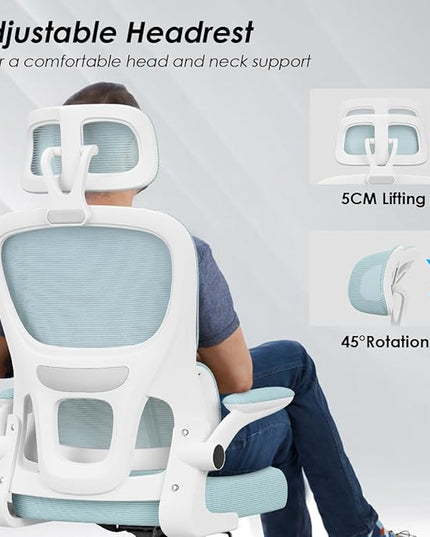 Soohow Ergonomic Home Office Chair, Mesh Desk Chair with Lumbar Support, Comfy Computer Desk Chair with Flip Armrest Rolling Wheels, Adjustable Headrest, Blue. - LeafyLoom