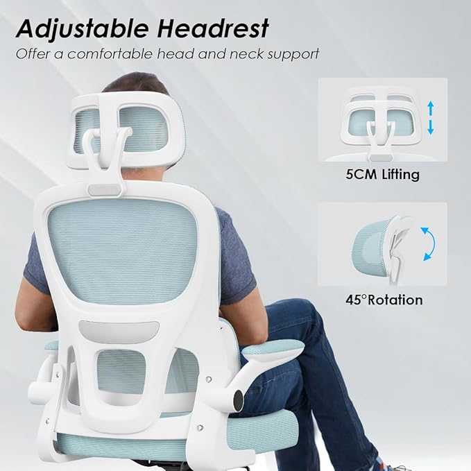 Soohow Ergonomic Home Office Chair, Mesh Desk Chair with Lumbar Support, Comfy Computer Desk Chair with Flip Armrest Rolling Wheels, Adjustable Headrest, Blue. - LeafyLoom