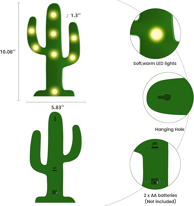 Green Cactus Decor, Mexican Party Decorations, Battery Powered Cactus Night Light for Kids, Western Decor, Kids Room Decor, Fiesta Party Decorations, Cinco De Mayo Party Decorations - LeafyLoom