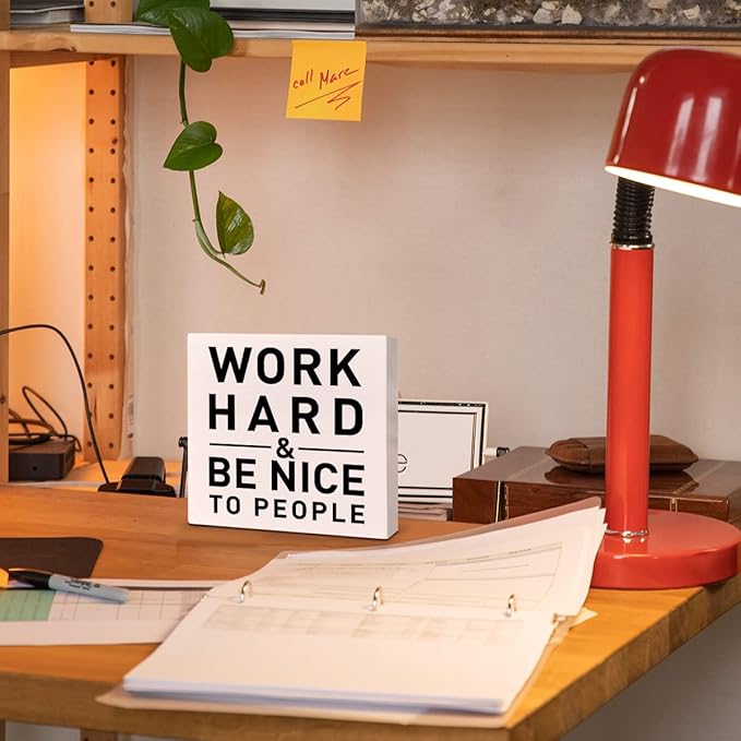 Home Office Desk Wooden Box Sign Decor, Work Hard & Be Nice to People, Inspirational Quotes Desk Decor Motivational Desk Decorations for Women Men Student Office Classroom School - LeafyLoom
