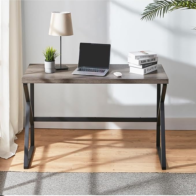 HSH Wood and Metal Home Office Computer Desk, Industrial Writing Study Table Workstation,Grey Laptop PC Desk, Wooden Computer Table, Gray Oak 47 Inch - LeafyLoom