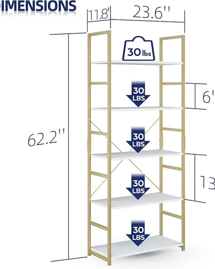 NUMENN 5 Tier Bookshelf, Tall Bookcase Shelf Storage Organizer, Modern Book Shelf for Bedroom, Living Room and Home Office, White/Gold - LeafyLoom
