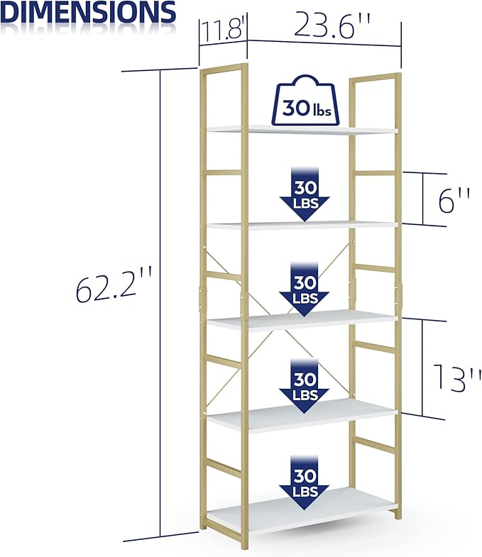 NUMENN 5 Tier Bookshelf, Tall Bookcase Shelf Storage Organizer, Modern Book Shelf for Bedroom, Living Room and Home Office, White/Gold - LeafyLoom