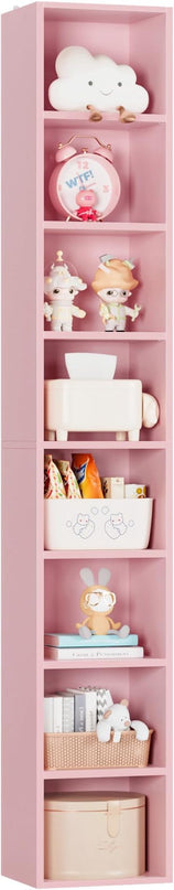 FOTOSOK 8-Tier Media Tower Rack, 11.6 X 9.3 X 70.9 Inches CD DVD Slim Storage Cabinet with Adjustable Shelves, Tall Narrow Bookcase Display Bookshelf for Home Office, Pink - LeafyLoom
