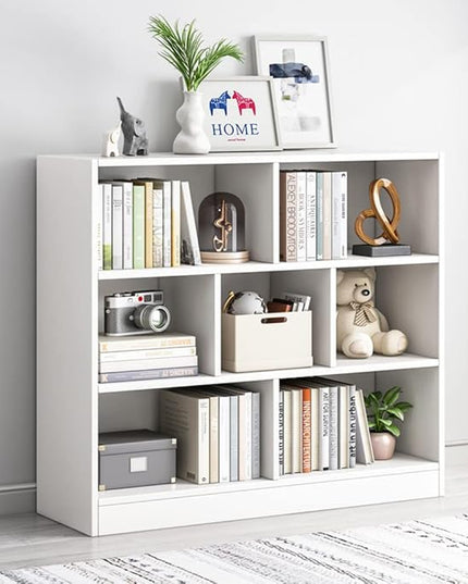 IOTXY Open Shelf Low Bookcase - Wooden 3-Tier Floor Standing Display Cabinet Organizer with Base, 7 Cubes Short Horizontal Bookshelf in Warm White - LeafyLoom