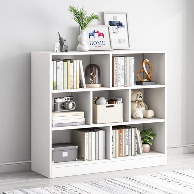 IOTXY Open Shelf Low Bookcase - Wooden 3-Tier Floor Standing Display Cabinet Organizer with Base, 7 Cubes Short Horizontal Bookshelf in Warm White - LeafyLoom
