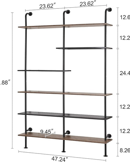 HOMISSUE Industrial Bookshelf 6-Tier Open Wall Mount Ladder Bookshelf, Modern Bookcase with Metal Frame and Wood Style for Home Office, Wall Mounted industrial Iron Pipe Shelf, Brown - LeafyLoom