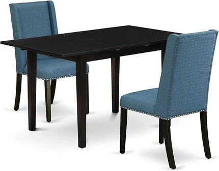 East West Furniture NOFL3-BLK-21 3 Piece Modern Dining Set Contains a Rectangle Wooden Table with Butterfly Leaf and 2 Blue Linen Fabric Upholstered Chairs, 32x54 Inch - LeafyLoom
