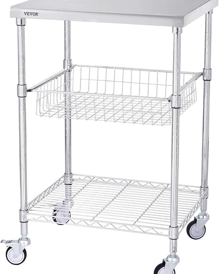 VEVOR Kitchen Utility Cart, 36.6"x20"x24" 3 Tiers Wire Rolling Cart, 470LBS Capacity Steel Service Cart with Brake Wheels, Storage Trolley with 76mm Basket PP Liner 6 Hooks, for Indoor & Outdoor Use - LeafyLoom