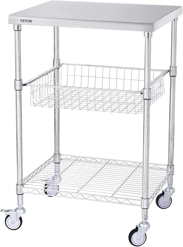 VEVOR Kitchen Utility Cart, 36.6"x20"x24" 3 Tiers Wire Rolling Cart, 470LBS Capacity Steel Service Cart with Brake Wheels, Storage Trolley with 76mm Basket PP Liner 6 Hooks, for Indoor & Outdoor Use - LeafyLoom