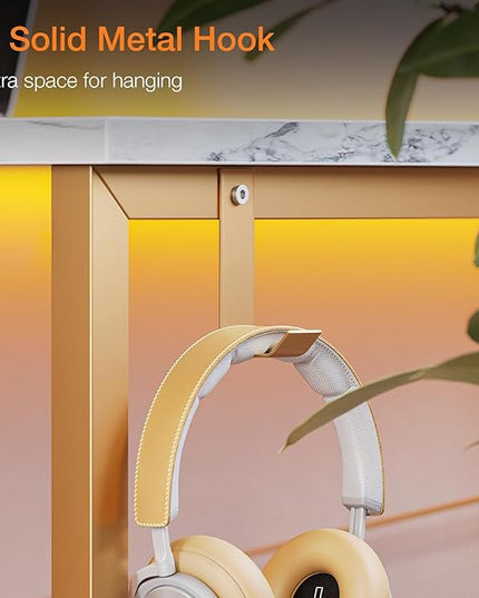 ODK Laptop Desk Study Desk, 32 Inch Small Desk, Writing Desk with Storage, Work Table with Headphone Hook for Small Space Home Office, White Marble + Gold Leg - LeafyLoom