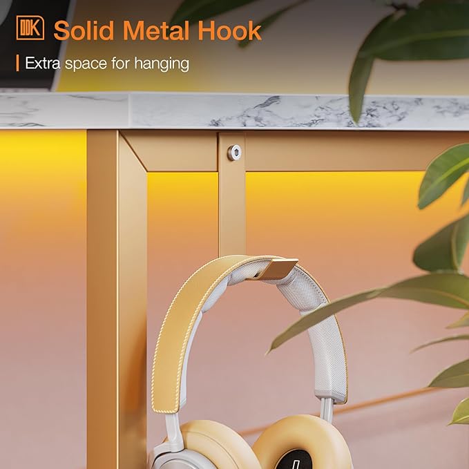 ODK Laptop Desk Study Desk, 32 Inch Small Desk, Writing Desk with Storage, Work Table with Headphone Hook for Small Space Home Office, White Marble + Gold Leg - LeafyLoom