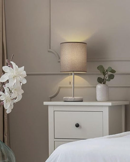 SEHERTIWY Bedside Lamps, Desk Lamps with Pull Chain, Nightstand Lamps with Marble Base and Silver Metal, Lamp for Bedroom, Living Room, Reading Room, Office-Grey - LeafyLoom