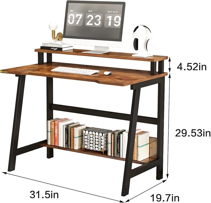 Small Computer Desk for Small Spaces - 33.5" Inch Modern Writing Table with Monitor Storage Shelf for Home Office and Study, Compact Laptop Desk in Simple and Sleek Style - LeafyLoom