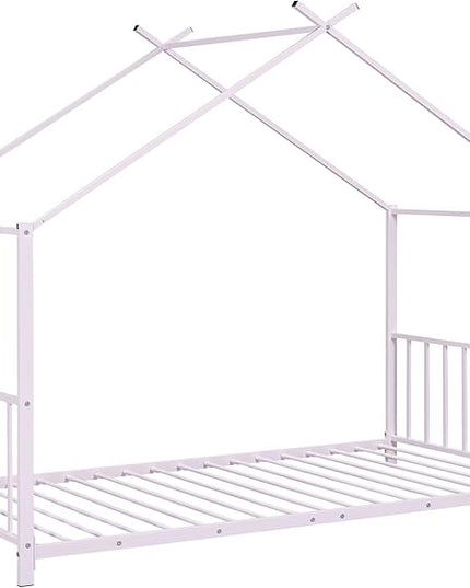 Twin Size Kids Montessori Floor Bed,House Bed Frame with High Headboard,Twin Floor Bed with Roof for Boys Girls,Floor Bed Metal Frame (Pink) - LeafyLoom