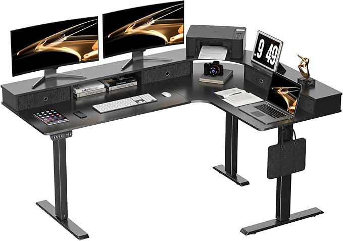 L Shape Standing Desk, 67 * 48 Inches Adjustable Height Standing Desk with 4 Drawers, Corner Electric Standing Desk with Monitor Stand for Home Office, Classic Black - LeafyLoom