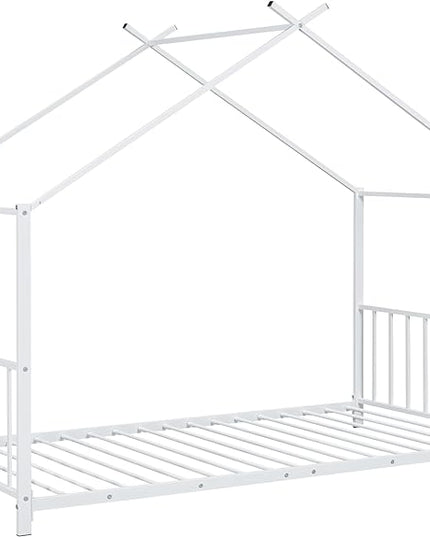 Twin Size Kids Montessori Floor Bed,House Bed Frame with High Headboard,Twin Floor Bed with Roof for Boys Girls,Floor Bed Metal Frame (White) - LeafyLoom